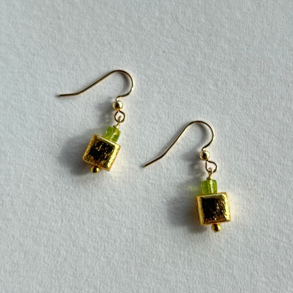 Peridot and Gold Cube Earrings