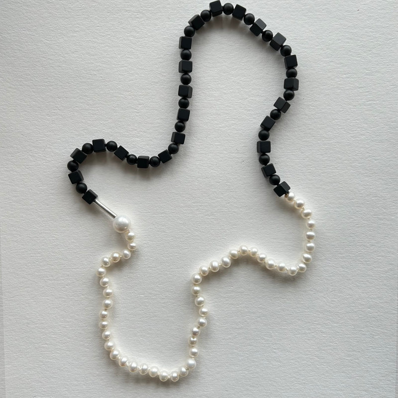 Matt Onyx and Pearl Necklace