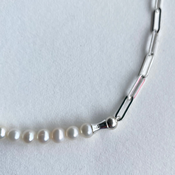 Paper Clip and Pearl Silver Necklace