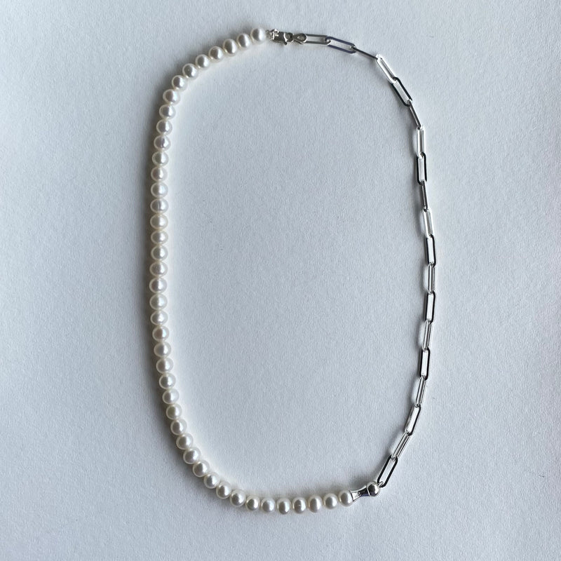 Paper Clip and Pearl Silver Necklace