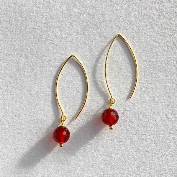 Red Agate Gold Long Hook Earrings