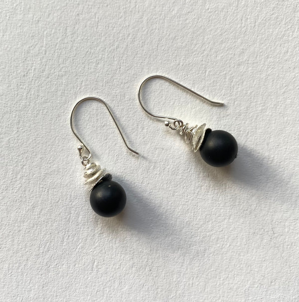 Onyx and Silver Wave Stack Earrings