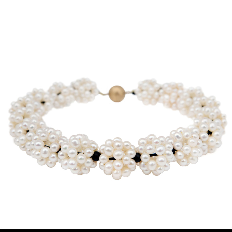 Freshwater Pearl and matt onyx lace ball statement choker necklace.