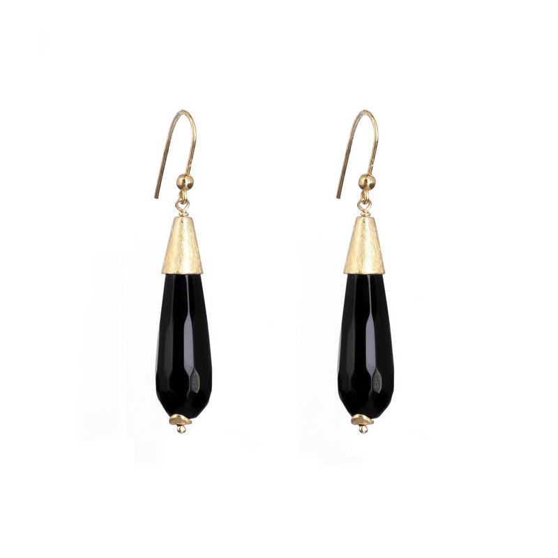 Gold and Onyx Facetted Teardrop Earrings