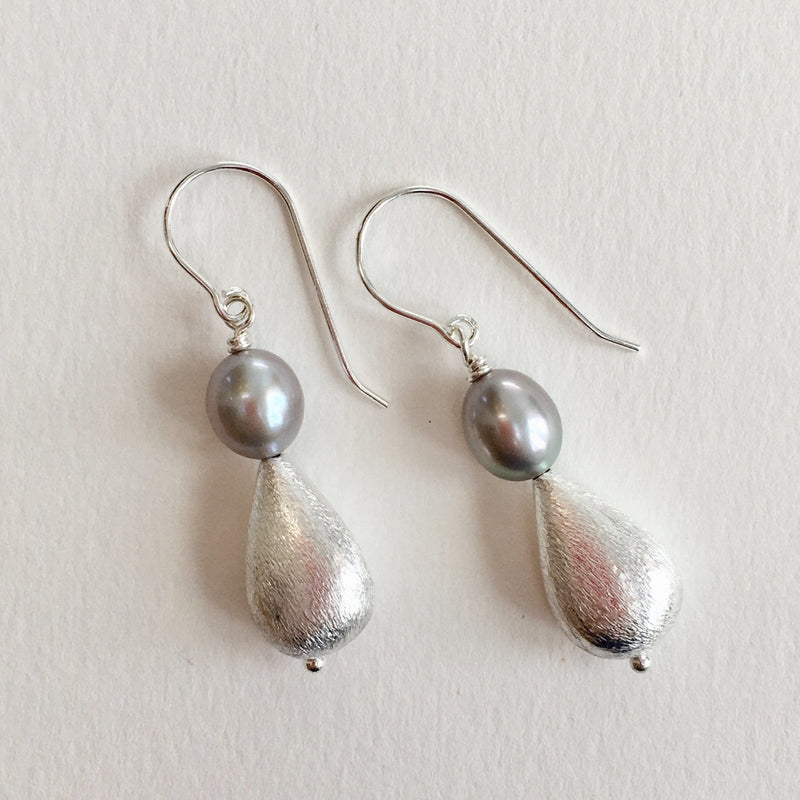 Grey Freshwater Pearl and Silver Teardrop Earrings