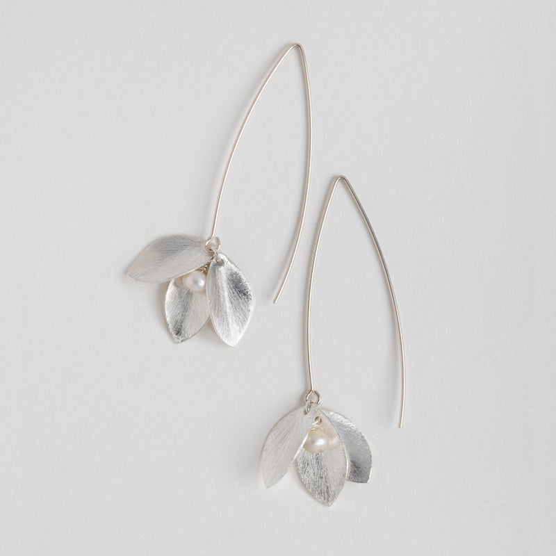Silver Petal Long Hook Earrings