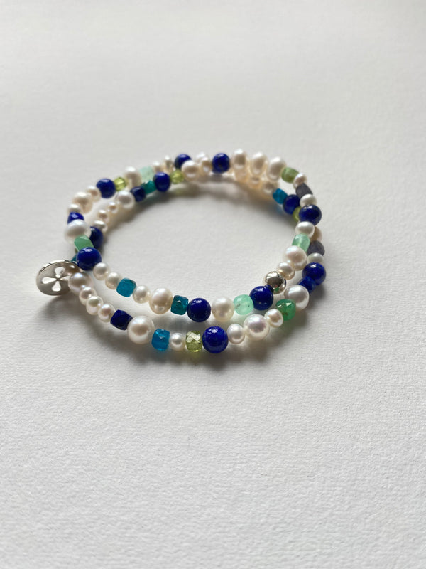 Gemstone and Pearl Wrap Bracelet - Lapis