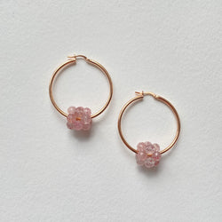 Rose Gold Hoop Earrings with Strawberry Quartz Lace Features
