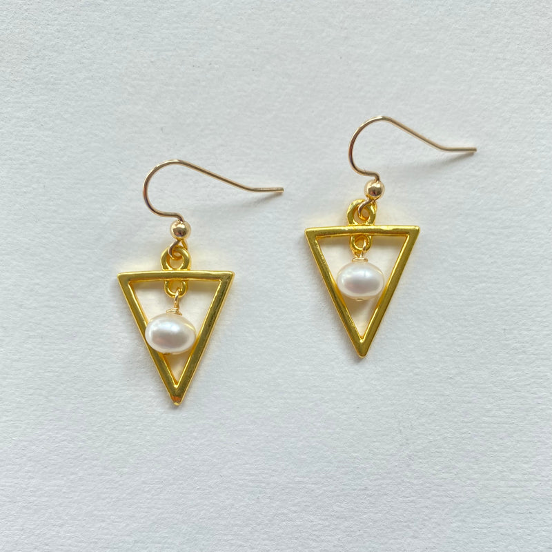 Triangle Gold Pearl Charm Earrings