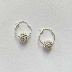 Sterling Silver 15mm Hoop earrings with handmade lace ball made from tiny silver beads. Joanna Salmond Jewellery