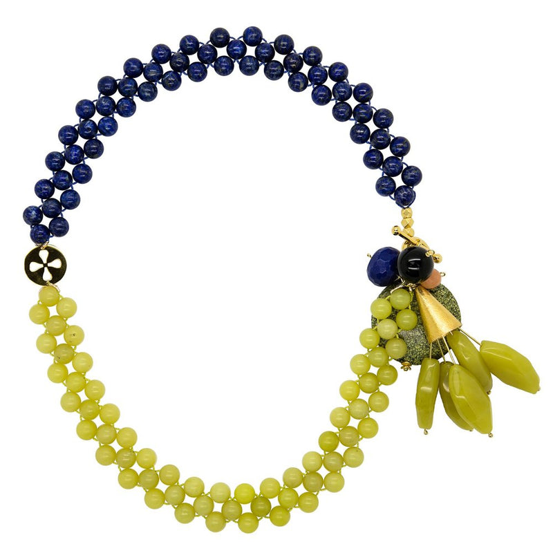 Lapis and Olive Jade Botanic Charm Necklace