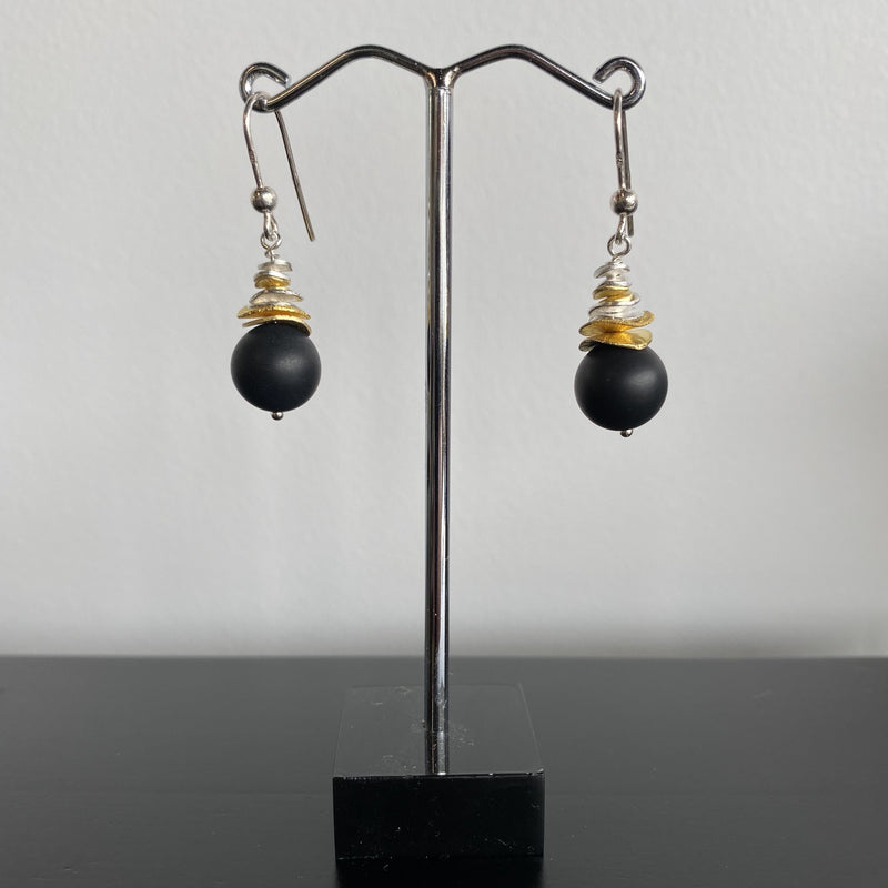 Onyx Silver and Gold Wave Earrings